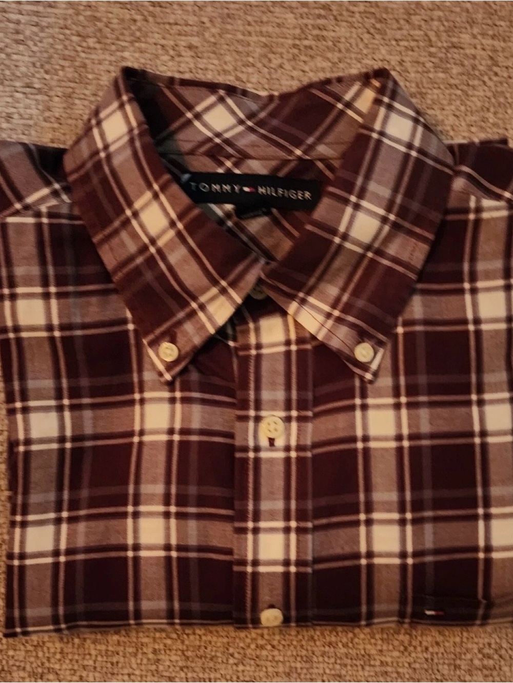 Tommy Hilfiger Maroon and Cream Plaid Button-Down Shirt